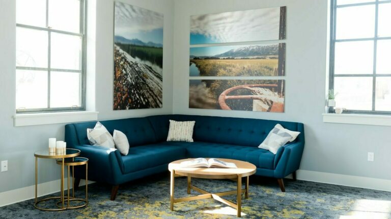 blue and white sofa near window